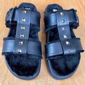 Valentino Black Shearling Leather Slide Sandals